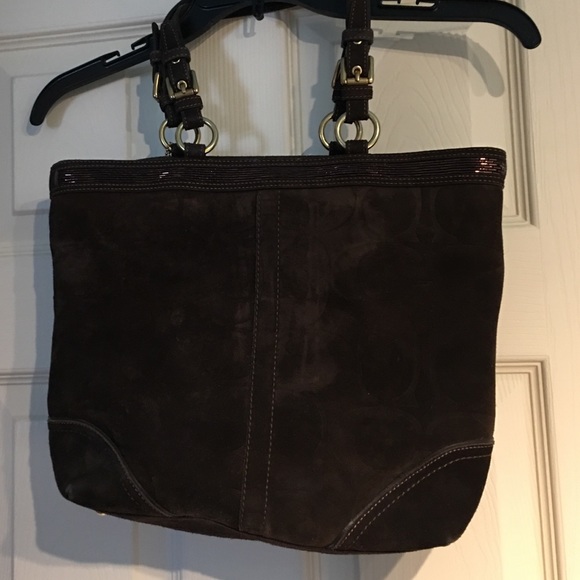 Coach medium tote bag, brown suede & beading - Picture 2 of 8